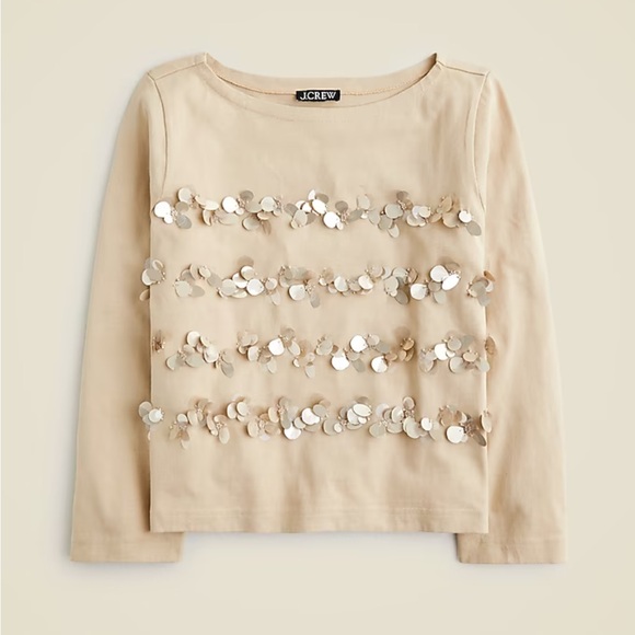 J. Crew Tops - NEW J Crew Mariner Jersey Long Sleeve Tee Floral Embellished Light Khaki Medium